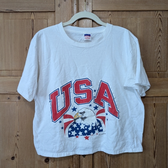 Vintage Single Stitch USA Eagle Cropped T-Shirt L Patriotic 4th July - Picture 1 of 11
